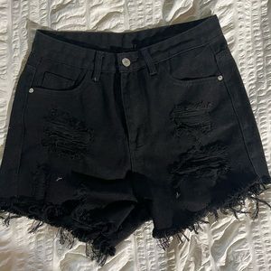 Black distressed denim shorts